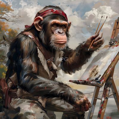 Künstler-Schimpanse an Staffelei (KI-Generiert)